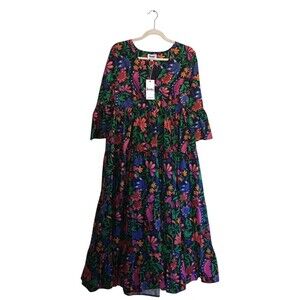Leota Dress Women's Size Small Black Multicolor Floral Cotton Blend Maxi